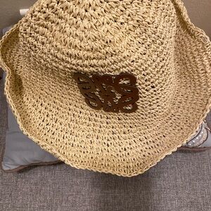 Woven Straw Sun Hat with Decorative Logo Accent
